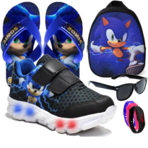 Kit Infantil Tênis Led Sonic Velcro + Mochila + Chinelo + Óculos + Relógio