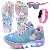 Kit Infantil Tênis Led Únicornio + Mochila + Chinelo + Óculos + Relógio