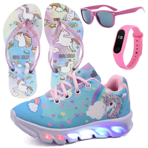 Kit Infantil Tênis Led Únicornio + Mochila + Chinelo + Óculos + Relógio