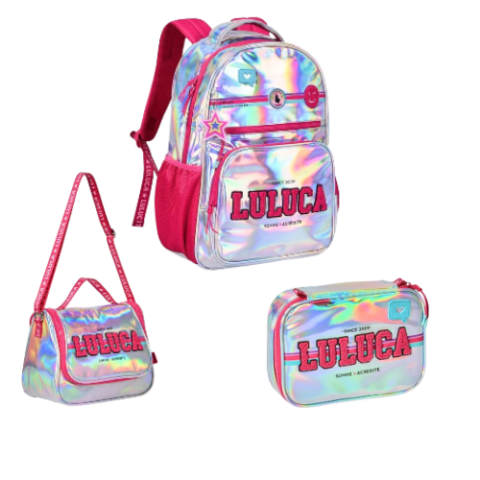 Kit Mochila de Costas + Estojo + Lancheira Luluca Holografica