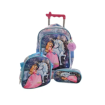 Kit Mochila Escolar de Rodinha + Estojo + Lancheira Princesa Unicórnio