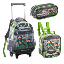 Kit Mochila GameCraft Rodinha + Estojo + Lancheira