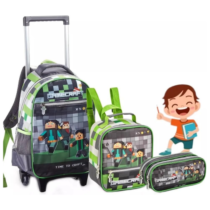 Kit Mochila Rodinha + Estojo + Lancheira GameCraft