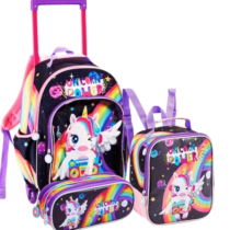 Kit Mochila Rodinhas +Lancheira + Estojo Unicórnio Power
