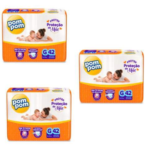 3 Pacotes Fralda Pom Pom Derma Protek G 42 Unidades