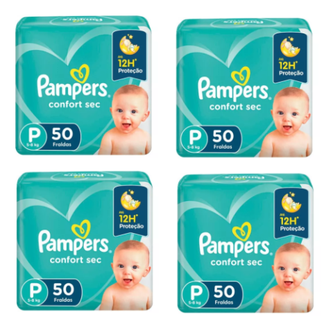 4 Pacotes Fralda Pampers Confort Sec P 50 unidades