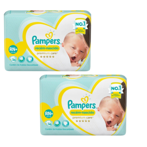 2 Pacotes Fraldas Pampers Recém-Nascido Premium Care RN 36 Unidades