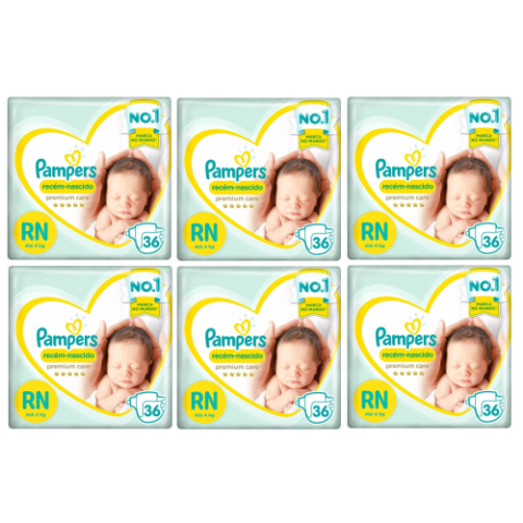 6 Pacotes Fralda Pampers Premium Care RN 36 Unidades