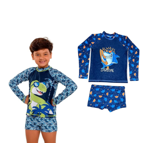 Conjunto Infantil Sunga + Blusa Proteção Uv50 Térmica Tubarão ou Dino Dry