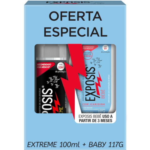 Pack 2 Repelentes Spray Exposis Extreme 100ml + Repelente Gel Bebê Exposis 117g