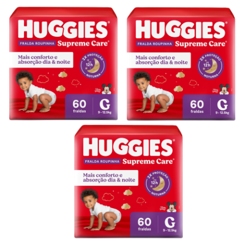 3 Pacotes Fralda Huggies Supreme Care Roupinha G 60 Unidades