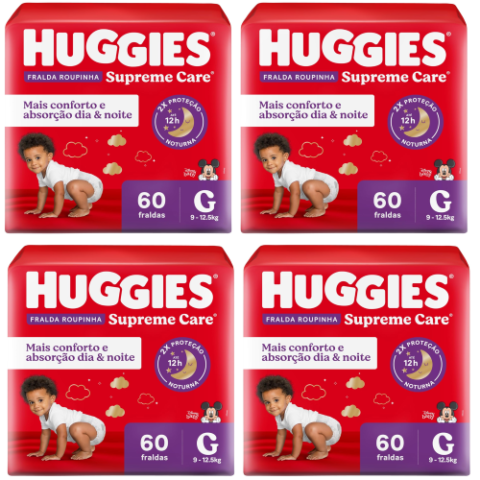 4 Pacotes Fralda Huggies Supreme Care Roupinha G 60 Unidades