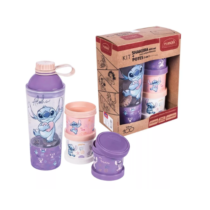 Kit Infantil Garrafa + 3 Potes Para Lanche Stitch Escolar