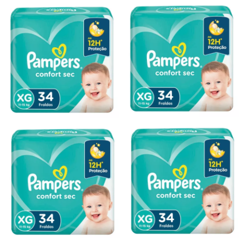4 Pacotes Fralda Pampers Confort Sec XG 34 Unidades