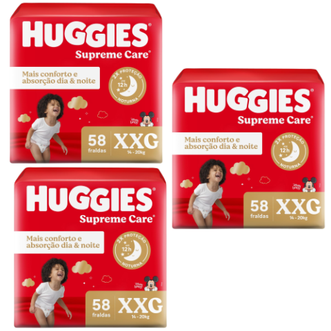 3 Pacotes Fralda Huggies Supreme Care XG 58 Unidades