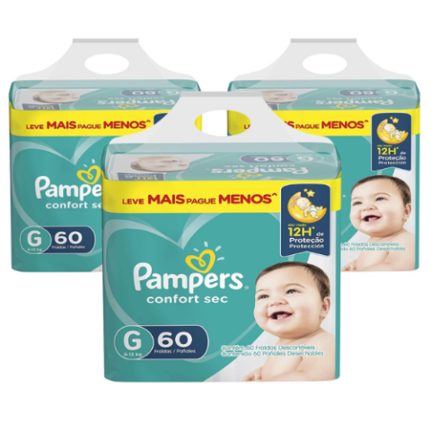 3 Pacotes Fraldas Pampers Confort Sec 60 Unidades