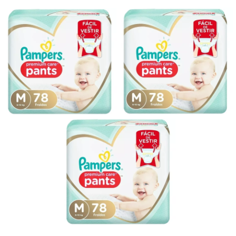 3 Pacotes Fralda Pampers Premium Care Pants M 78 Unidades