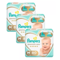 3 Pacotes Fraldas Pampers Premium Care M 80 Unidades