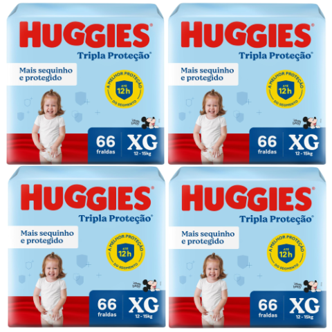 4 Pacotes Fralda Huggies Tripla Proteção XG 66 Unidades