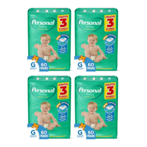 4 Pacotes Fralda Personal Baby Protect&Sec G 60 Unidades