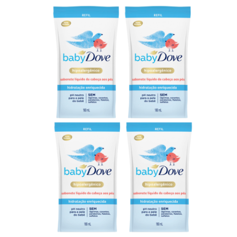 4 Unidades Refil Sabonete Líquido Baby Dove Hidratação Enriquecida 180ml