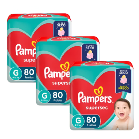 3 Pacotes Fraldas Pampers Supersec G 80 Unidades