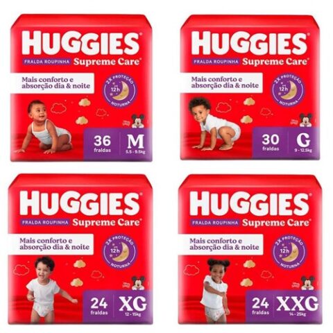 4 Pacotes Fralda Huggies Roupinha Supreme Care M/G/XG/XXG