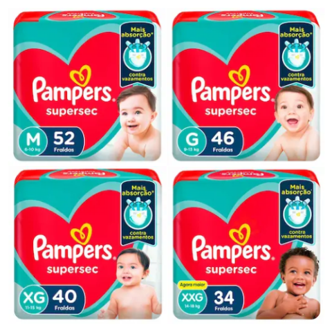 4 Pacotes Fralda Pampers Supersec M/G/XG/XXG
