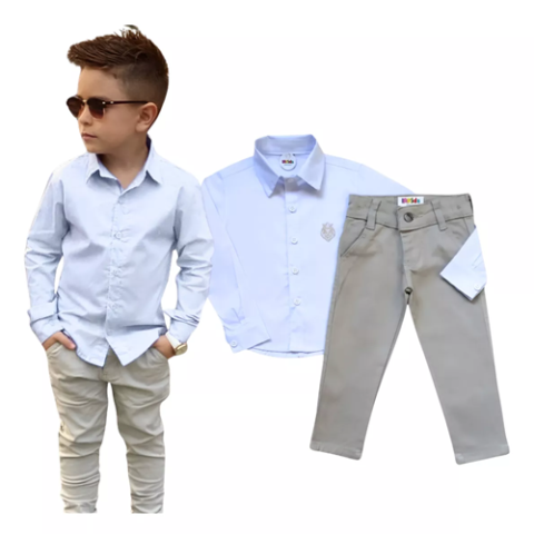 Conjunto Social Menino Calça Bege E Camisa Manga Longa IRKids Moda