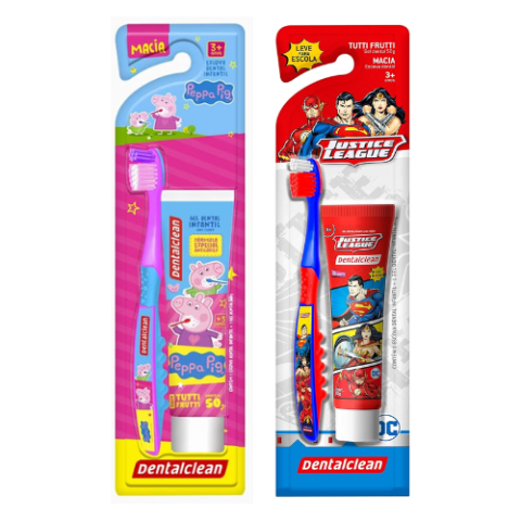 Dentalclean Creme Dental + Escova Com Cerdas Macias Peppa ou Liga Da Justiça