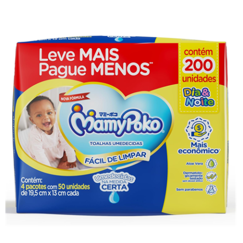 Lenços MamyPoko Umedecidos Dia&Noite 200 Unidades