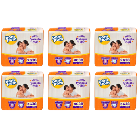 6 Pacotes Fralda Pom Pom Protek Proteção De Mãe Mega XG 38 Unidades