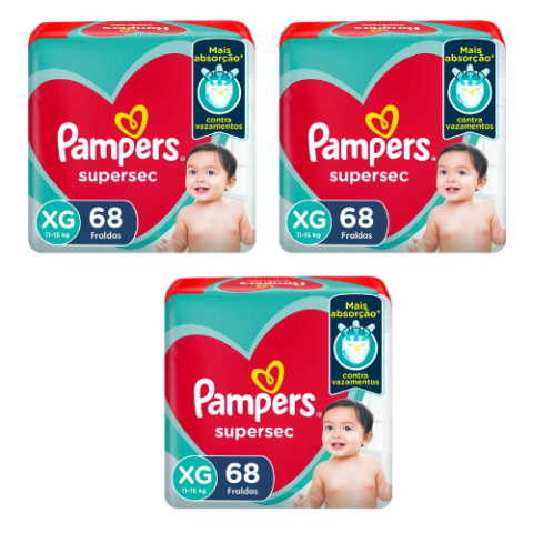 3 Pacotes Fraldas Pampers Supersec XG 68 Unidades