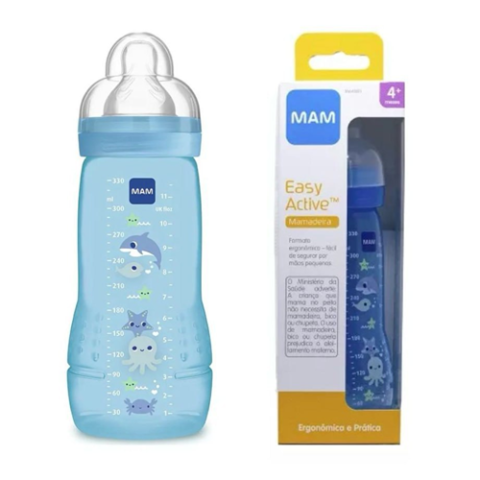 Mamadeira Easy Active Bico 4m+ Azul 330ml MAM Animais