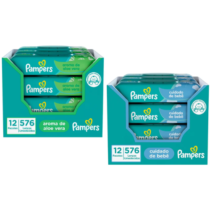 Pack 12 Pacotes Lenços Umedecidos Pampers Aroma de Aloe Vera ou Cuidado de Bebê com 576 lenços cada