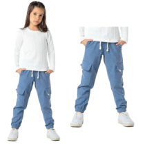 Calça Infantil Menina Bolso Cargo Punho Estilo Linho Indigo