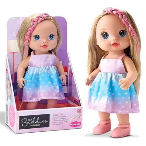 Boneca Buddies Hair Cabelo com Trança Rosa Bambola