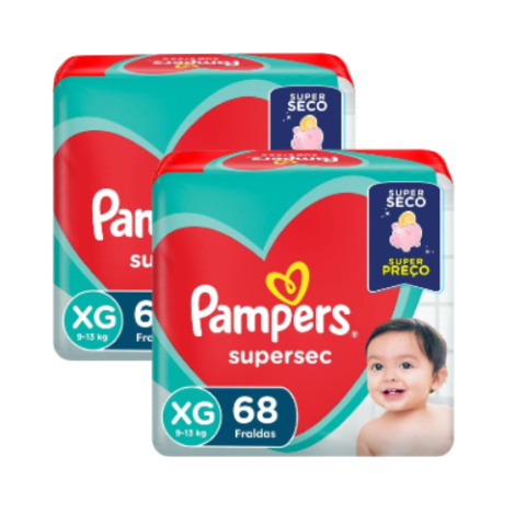 2 Pacotes Fraldas Pampers Supersec XG 68 Unidades