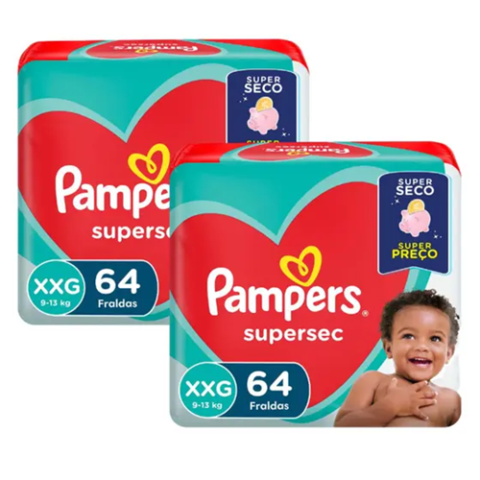 2 Pacotes Fraldas Pampers Supersec XXG 64 Unidades