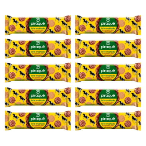 10 Pacotes Piraquê Biscoito Leite Maltado Cobertura Chocolate 80g