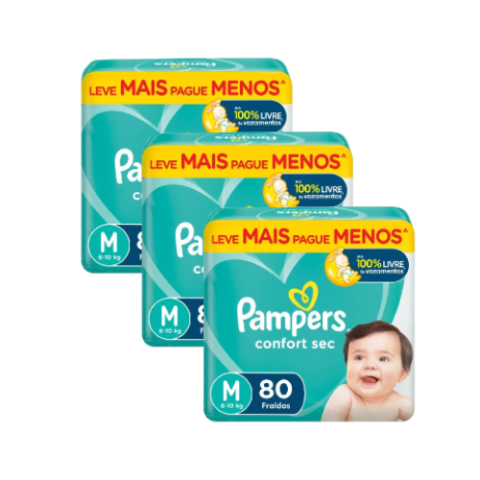 3 Pacotes Fraldas Pampers Confort Sec M 80 Unidades