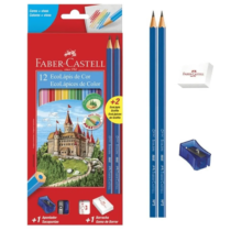 Kit Escolar Faber-Castell c/ 12 Lápis de Cores Sextavado + 2 Lápis Max + Apontador + Borracha