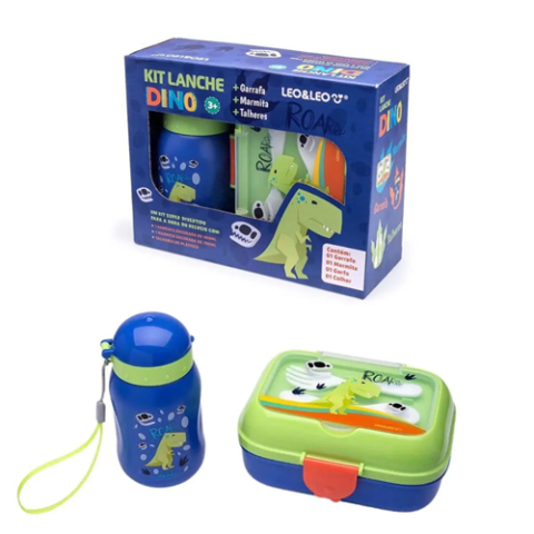 Kit Lanche Dino Garrafa Plástica 500ml + Marmita 700ml