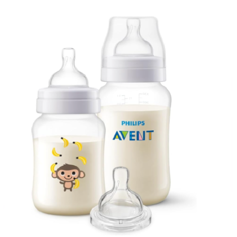 Kit Duplo Mamadeiras Anti Colic Macaco 260ml/330ml + Bico T4 6m+