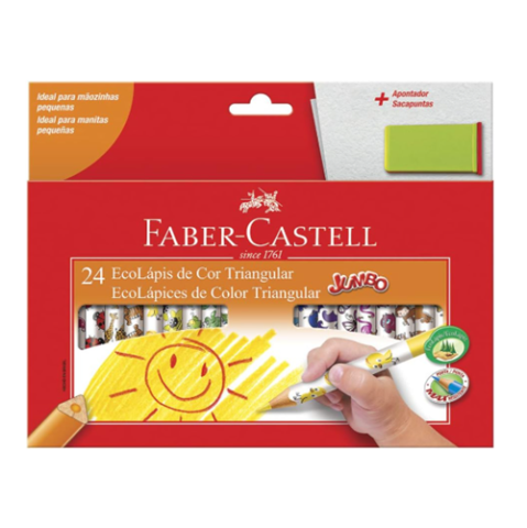 Lápis de Cor Faber-Castell Ecolápis 24 Cores Triangular Jumbo + Apontador com Depósito
