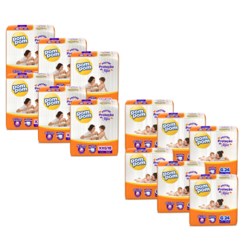 Fralda Pom Pom Protek Proteção de Mãe Jumbo G 144 Unidades ou XXG 108 Unidades