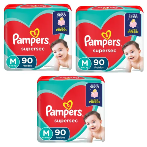 3 Pacotes Fraldas Pampers Supersec M 90 Unidades