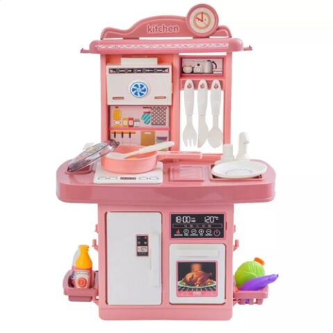 Kit Mini Cozinha de Brinquedo Fogão Geladeira Forno solta Água e som Rosa Atentu