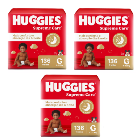 3 Pacotes Huggies Fralda Supreme Care G 136 Unidades