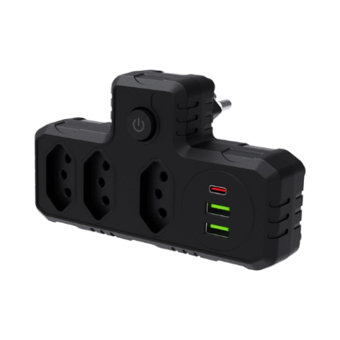 Adaptador Tomada com 3 Tomadas + 2 Interfaces USB + 1 Porta USB Coibeu